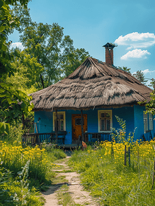 屋顶摄影照片_乌克兰村庄传统乌克兰乡村房屋采用稻草屋顶