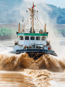 货运码头摄影照片_一艘拖船正在大河里拖着装满沙子的大货船