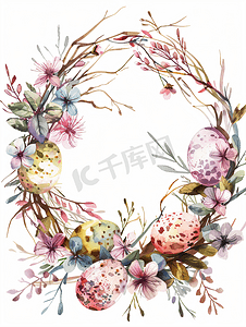 花环png摄影照片_用鲜花和鸡蛋装饰水彩花环