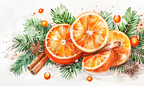 手绘红色水彩摄影照片_带有橙子和肉桂的圣诞水彩作品