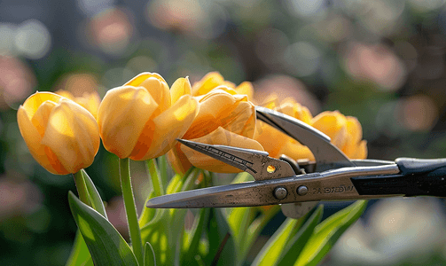 花园修枝剪剪掉黄色郁金香叶子的特写