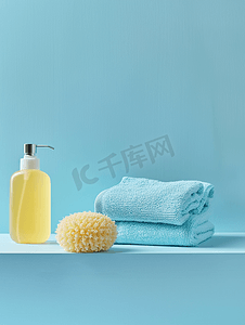蓝色背景中的丝瓜毛巾和洗发水洗涤配件