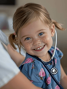 心跳节摄影照片_护士使用听诊器听小女孩心跳