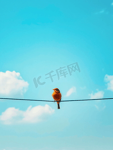 孤独的小鸟在电线上映衬着蓝天知更鸟坐在电线上