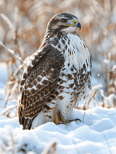 一只秃鹰坐在白雪皑皑的冬田上