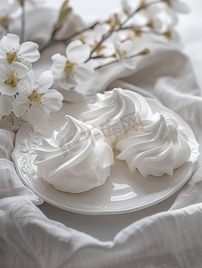 酥皮碎摄影照片_白色盘子上放着两个雪白的蛋白饼漂亮的白色蛋糕