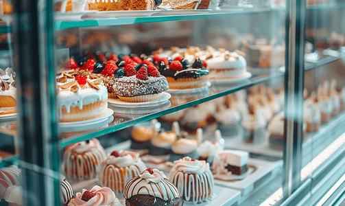 dp橱窗摄影照片_糕点店橱窗展示各种迷你甜点和蛋糕的选择性焦点