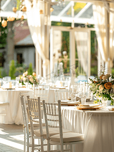 空荡荡的宴会厅准备在夏季露台的白色节日餐桌上接待客人