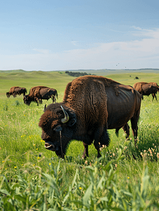 南达科他州草地上吃草的平原野牛