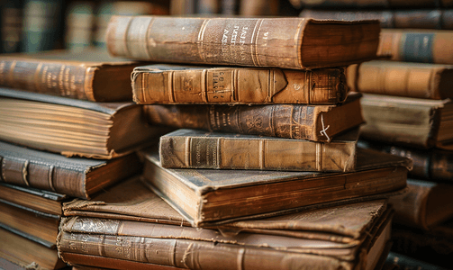 书架上堆满了棕色复古封面的旧书选择性焦点