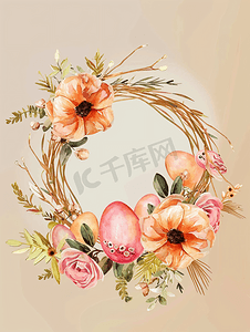 花卉花环摄影照片_用鲜花和鸡蛋装饰水彩花环
