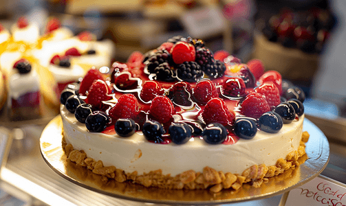 烘焙面包摄影照片_糕点橱窗店新鲜烹制的浆果芝士蛋糕