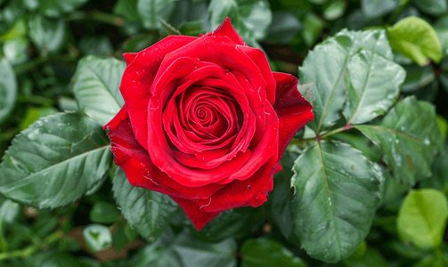 绿色植物花朵摄影照片_花园里明亮绽放的单朵红玫瑰的顶视图