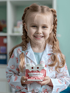 手拿牙齿模型的小女孩和医生