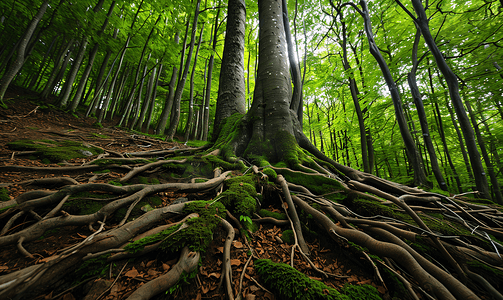 喀尔巴阡山脉有树根的绿色森林