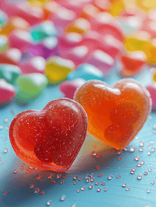 心形红色摄影照片_两颗心形的糖果旁边是很多糖果心形的果酱糖果