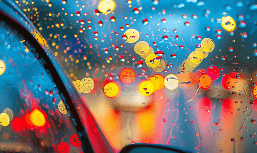 汽车玻璃上的雨滴和彩色交通散景灯