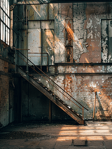废弃工厂摄影照片_一座旧废弃工厂的工业内部阴影可怕概念的楼梯