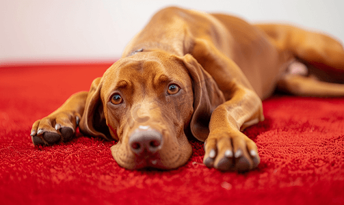 匈牙利维兹拉狗躺在红地毯上