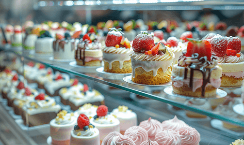 水果店装修摄影照片_糕点店橱窗展示各种迷你甜点和蛋糕的选择性焦点