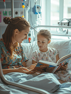 妈妈给住院的女儿读故事书
