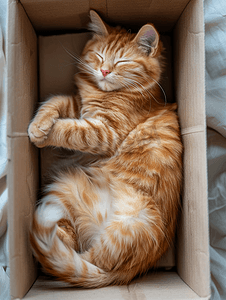 橙色虎斑猫躺在盒子里毛茸茸的宠物要睡在那里