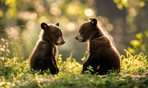 可爱棕熊摄影照片_可爱的棕熊和黑熊幼崽在夏天玩耍