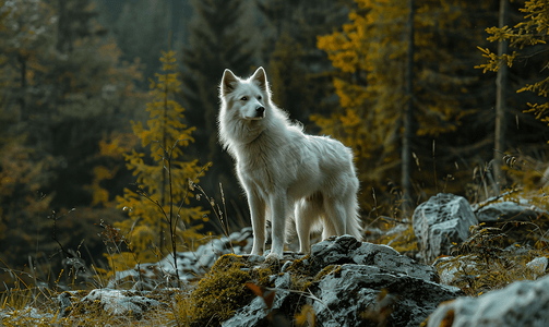 喀尔巴阡山脉森林中孤独的野生白狗