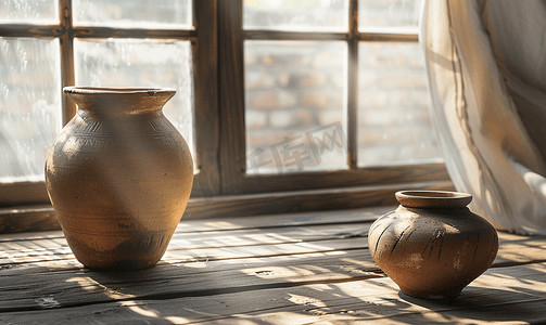 桌子上的罐子摄影照片_靠近窗户的木桌上的旧粘土陶瓷罐和粘土碗乡村静物画