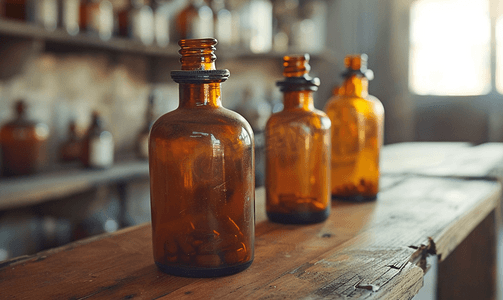 药店桌子上的老式医学棕色玻璃瓶