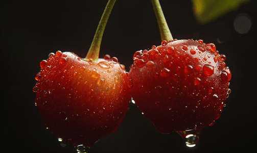 红色果汁摄影照片_黑色背景中分离出两个果皮上有水滴的樱桃浆果