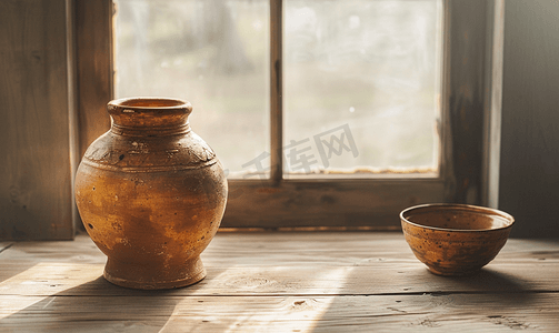 自然风景画摄影照片_靠近窗户的木桌上的旧粘土陶瓷罐和粘土碗乡村静物画