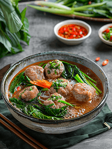 泰国汤摄影照片_红烧猪肉面配蔬菜和猪肉丸汤泰国菜