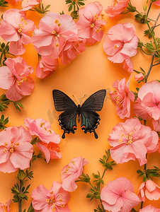 木制日历的顶部视图带有八月标志粘土蝴蝶和粉红色的花朵