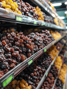 价格分类摄影照片_超市或杂货店货架上的葡萄干