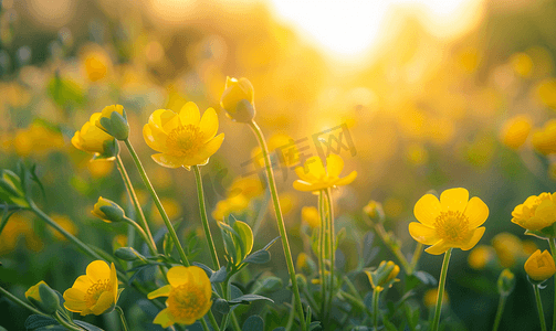 美丽的黄色野花毛茛花在日落光自然背景中