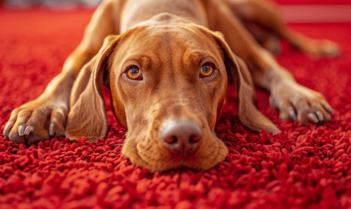 视觉摄影照片_匈牙利维兹拉狗躺在红地毯上