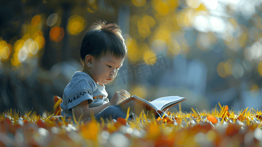 草坪上看书的儿童摄影11