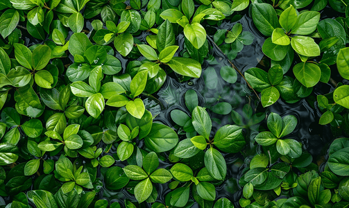 热带池塘表面水浮植物的顶视图自然背景