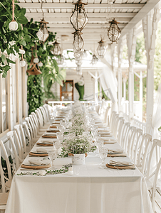 中风典雅摄影照片_空荡荡的宴会厅准备在夏季露台的白色节日餐桌上接待客人