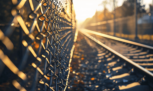 钢铁侠字体摄影照片_城市车站附近铁路沿线和行人的金属围栏
