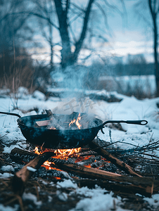 树林里的冬季篝火在野外条件下烹饪