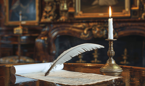 羽毛写摄影照片_墨水瓶中的羽毛笔圆桌上的老式烛台和纸