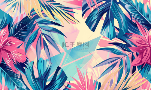 热带无缝背景图片_抽象几何三角形背景上的激光棕榈叶热带无缝图案