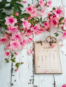 白色木质背景上有八月标志和粉红色花朵的木制日历