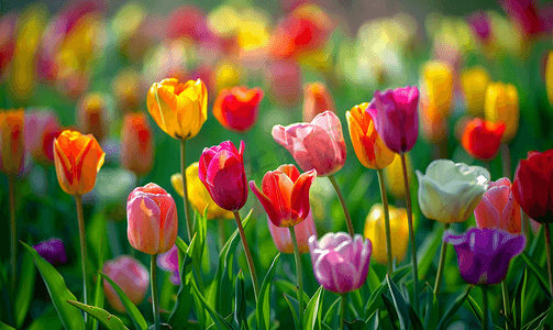 美丽的五彩郁金香在春天的花园里绽放明亮的春天风景