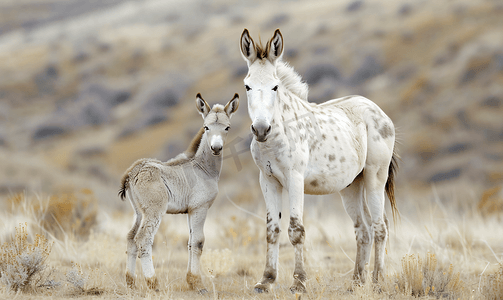 珍贵的白驴和它的斑点小马驹