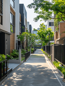 现代住宅小区的景观其混凝土围墙延伸