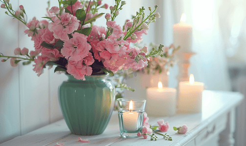 粉色花朵摄影照片_绿色花瓶里美丽的粉红色花朵和白色木制马桶上的蜡烛