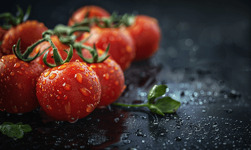 库托摄影照片_深色背景上有几个成熟的库马托番茄番茄上的水滴